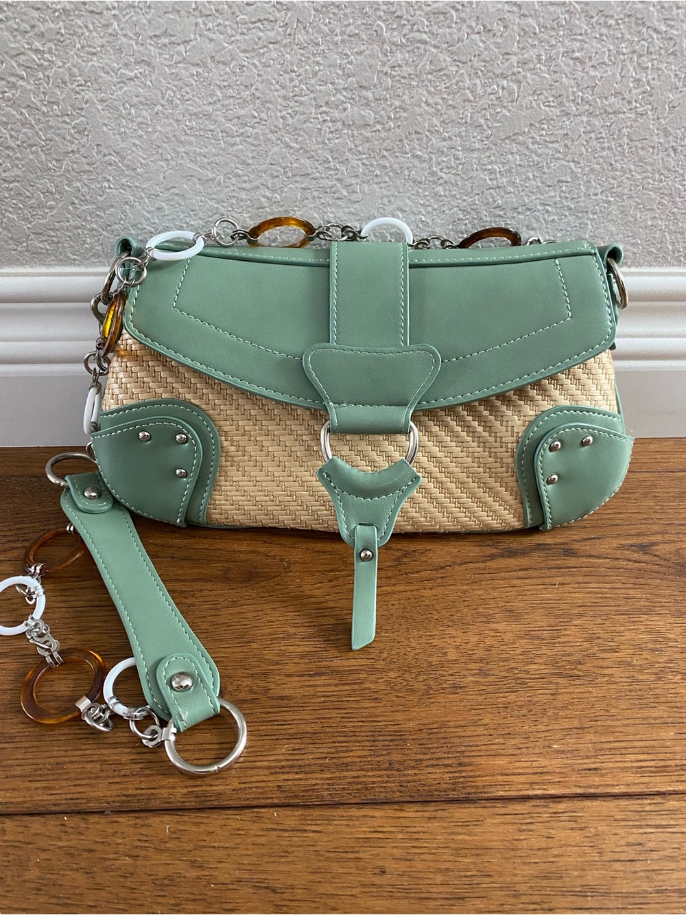 NWT Urban Outfitters, green and cream baguette bag